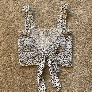 Olivaceous White and Black Leopard Print Tie-Front Smocked Crop Top